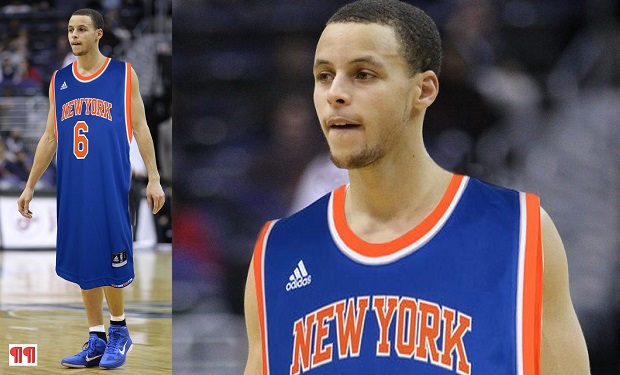 Steph Curry in Kristaps Porzingis jersey actual size featured