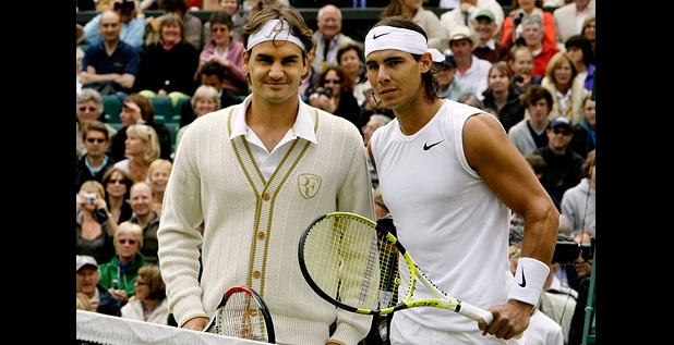 Federer and Nadal before the start of the 2008 Wimbledon final