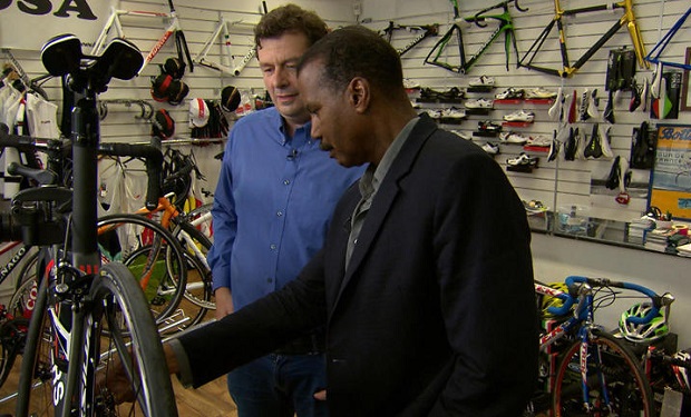 rom left: Istvan Varjas, a scientist and former cyclist, and 60 Minutes correspondent Bill Whitaker CBS NEWS