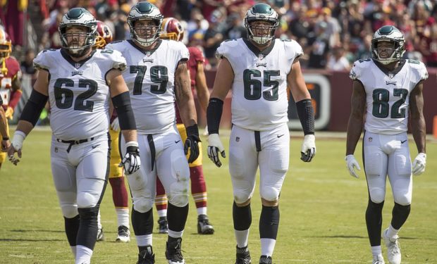 "Small" Jason Kelce (#62), Brandon Brooks (#69), Lane Johnson (#65), Torrey Smith (#82) (photo by Keith Allison via Wikimedia Commons)