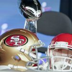 Super Bowl LVIII trophy and helmets