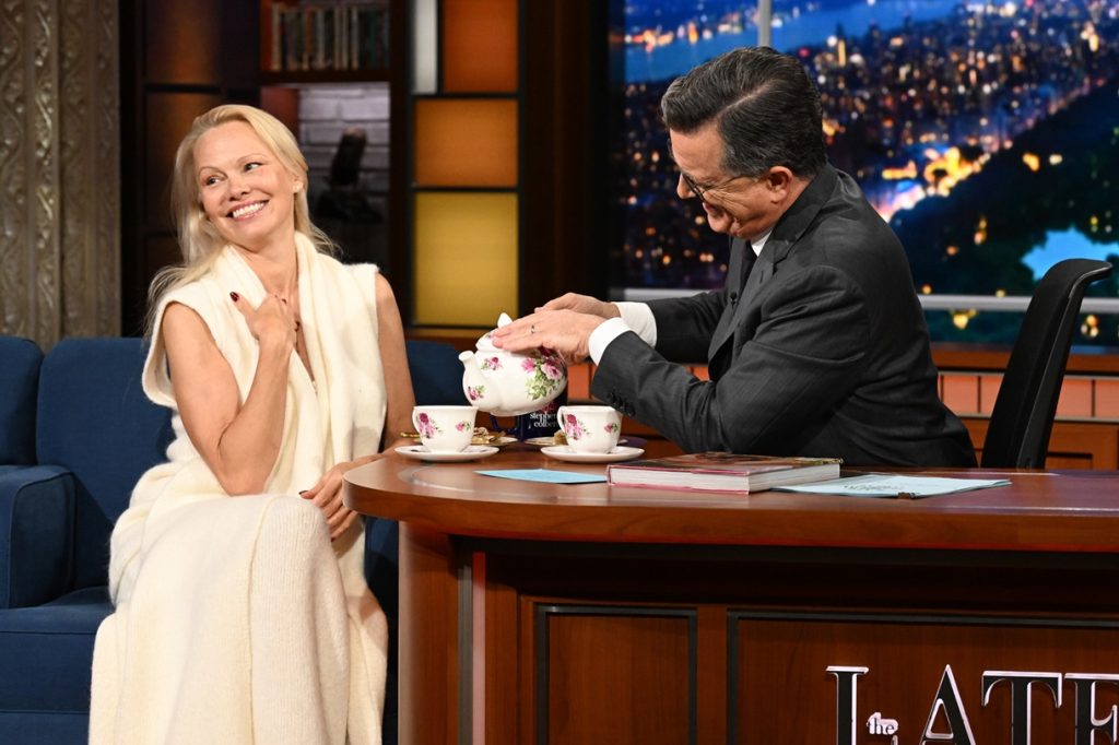 [Above: Anderson on The Late Show with Stephen Colbert during Monday’s October 14, 2024 show. Photo: Scott Kowalchyk/CBS]